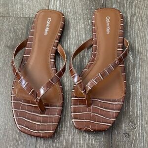 Calvin Klein Stelea Brown Croc-Embossed Thong Sandals